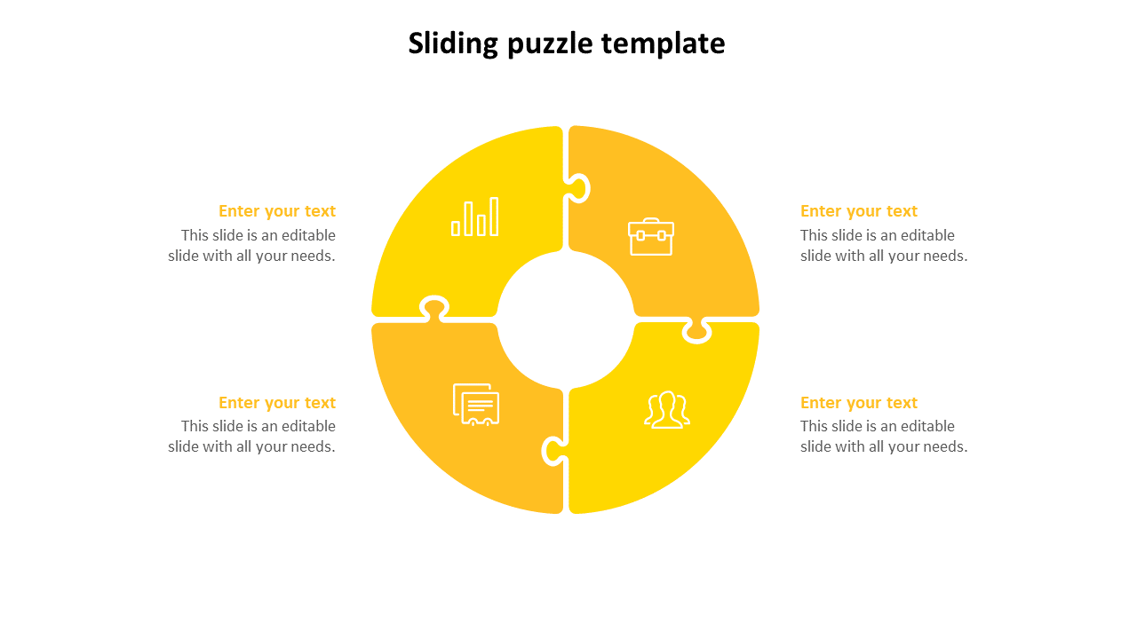 Yellow sliding puzzle template with four puzzle pieces, each containing an icon and space for text with icons.