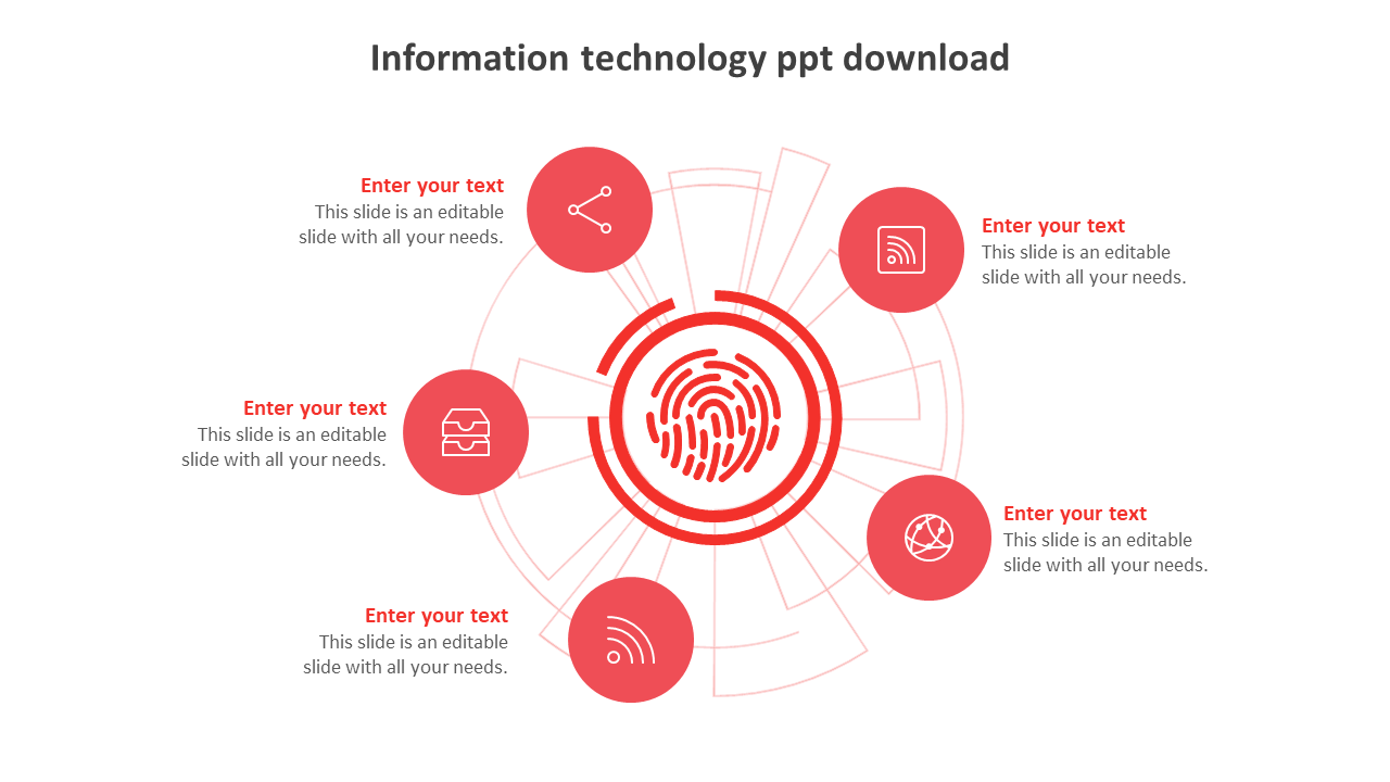 Fingerprint graphic encircled by red icons symbolizing different aspects of information technology.