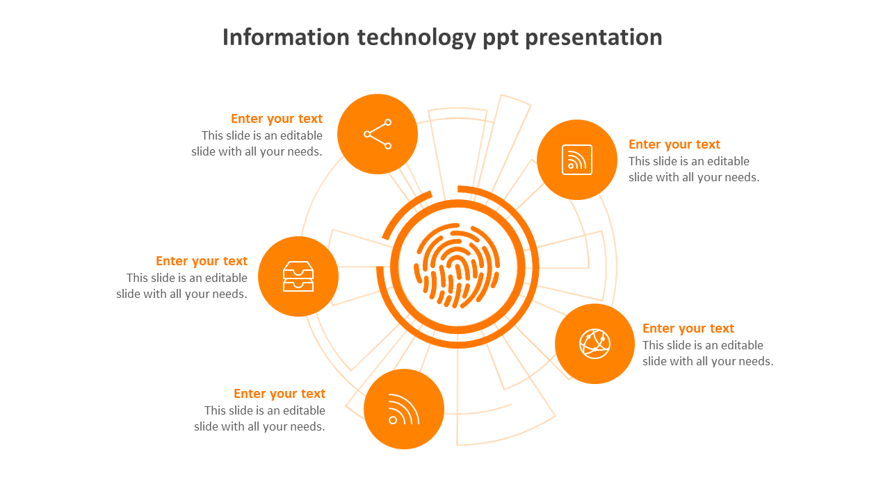 A slide showing an information technology infographic with a central fingerprint icon surrounded by six orange icons.