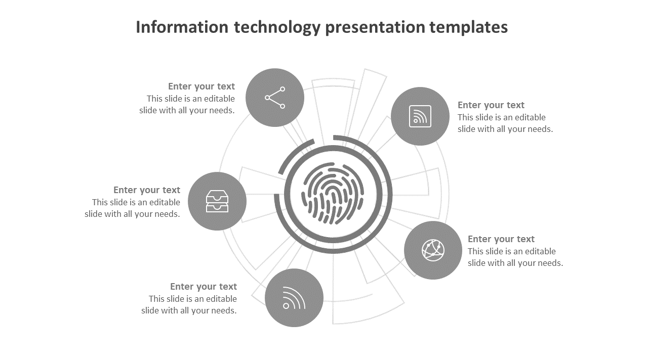 Information technology template featuring a fingerprint at the center, with six icons for various tech functions. 