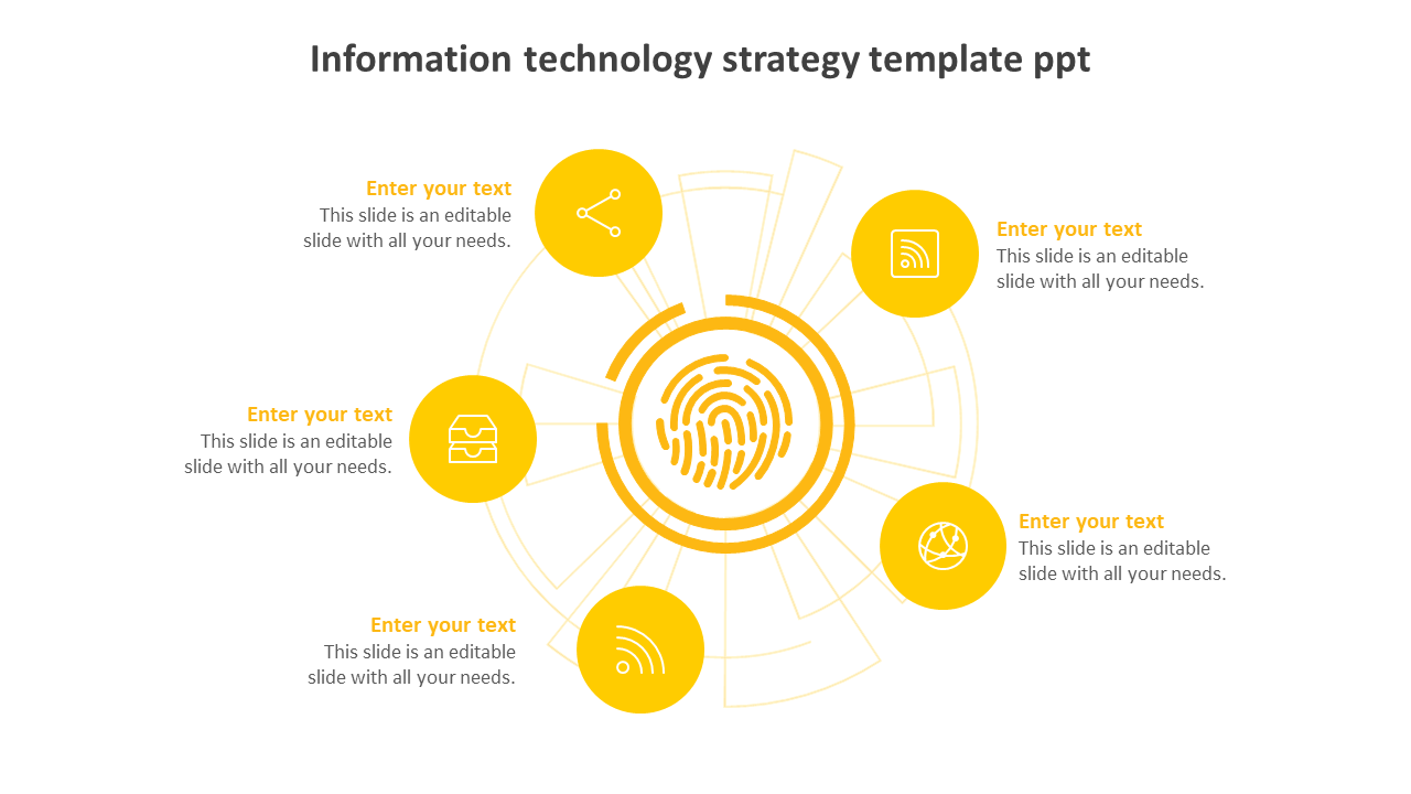 Yellow fingerprint icon in the center, with six surrounding technology-related icons and placeholder text areas.