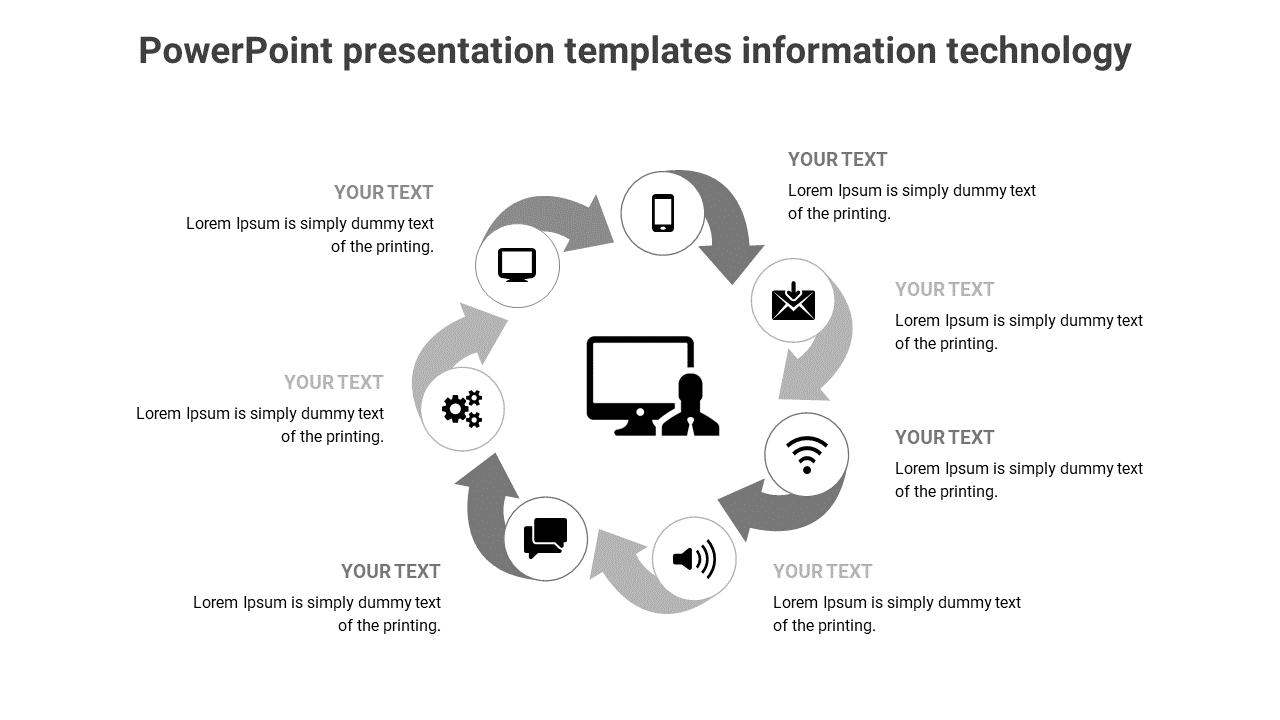 Circular information technology PowerPoint template with grey icons and placeholder text on a white backdrop.