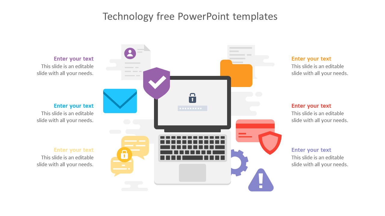 Technology PPT slide with a laptop, security icons, and colorful symbols representing emails and messages with text.