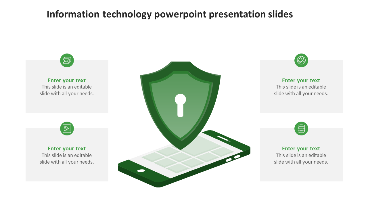 Information technology slide with a smartphone illustration, shield icon, and four text boxes for security related content.