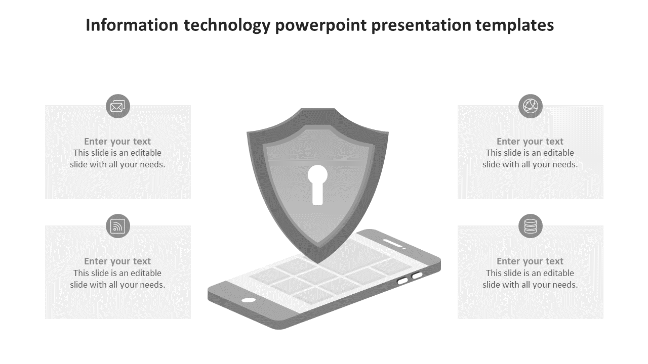 Information technology PowerPoint slide featuring a shield icon with a keyhole and a smartphone illustration.