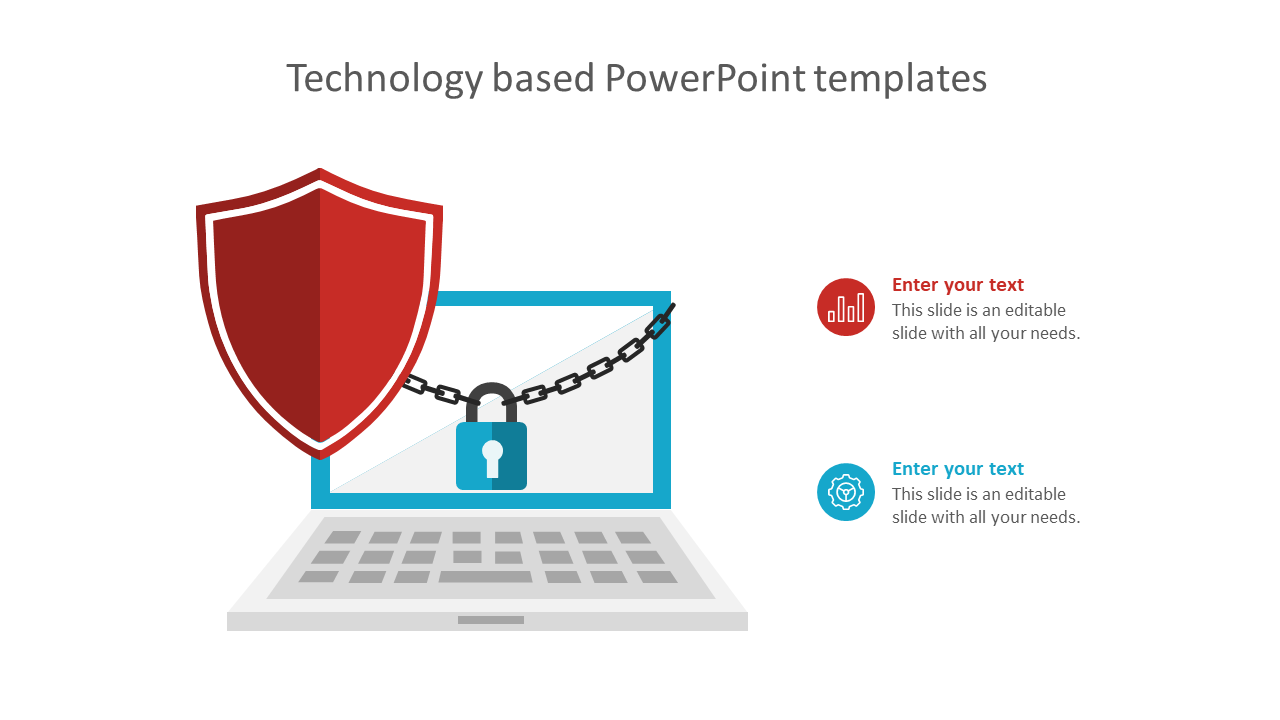 Illustration of a laptop with a chain and padlock, secured by a red shield, showing cybersecurity and two text on the right.