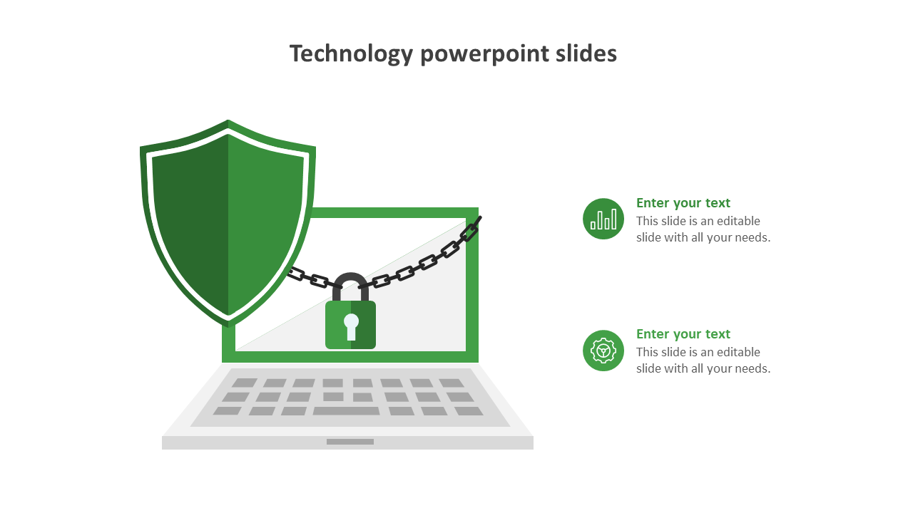 Laptop illustration slide with a green shield and a chain lock representing cybersecurity in technology with icons.