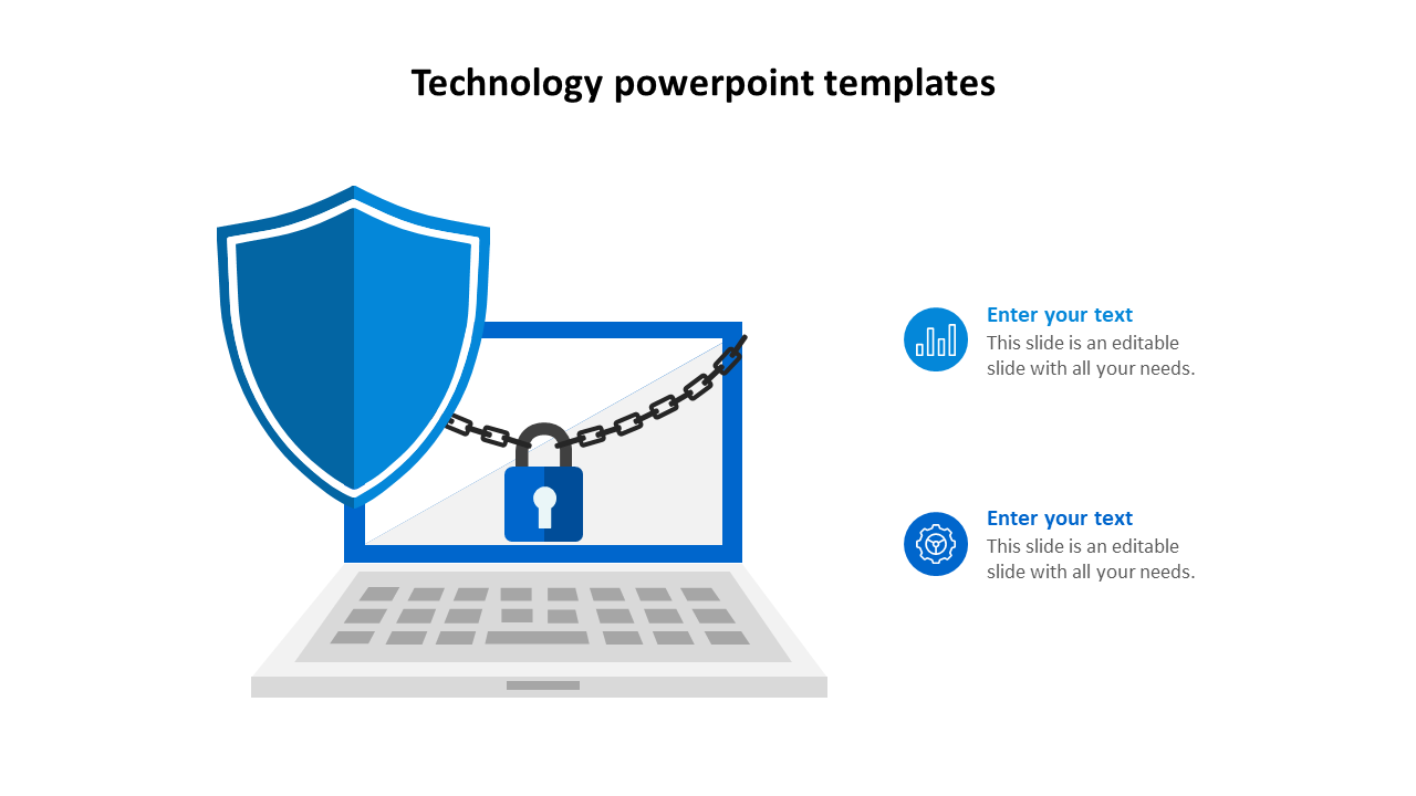 Technology PowerPoint template with a shield, padlock, and laptop with two icons and placeholder text on a blue theme.