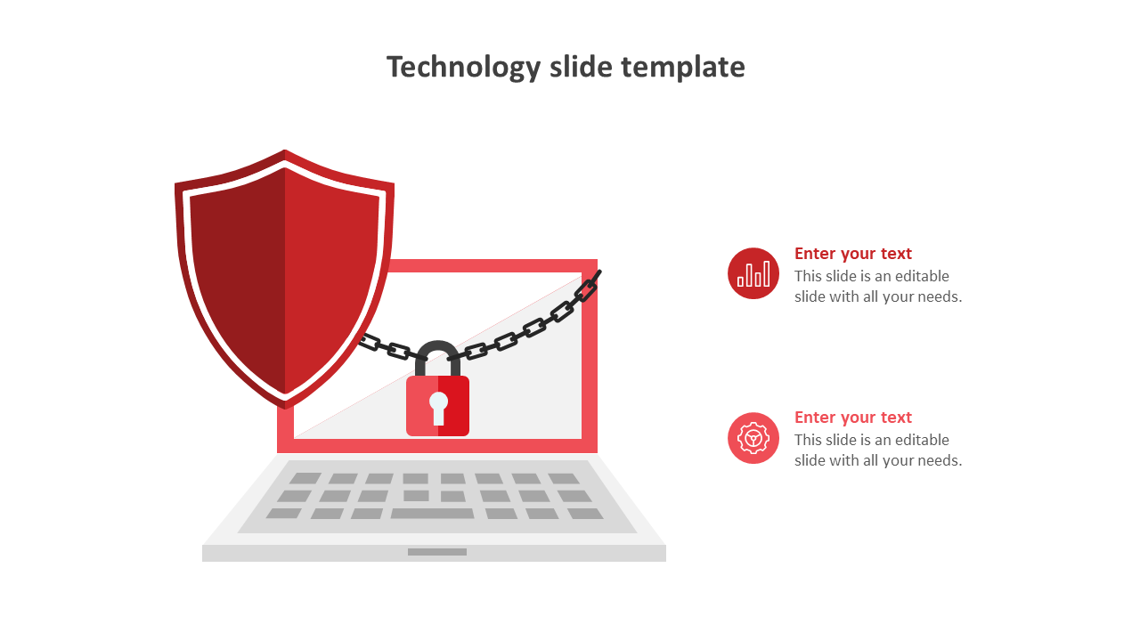 Technology slide featuring a red shield and lock on a laptop, with two icons and text placeholders on the right.