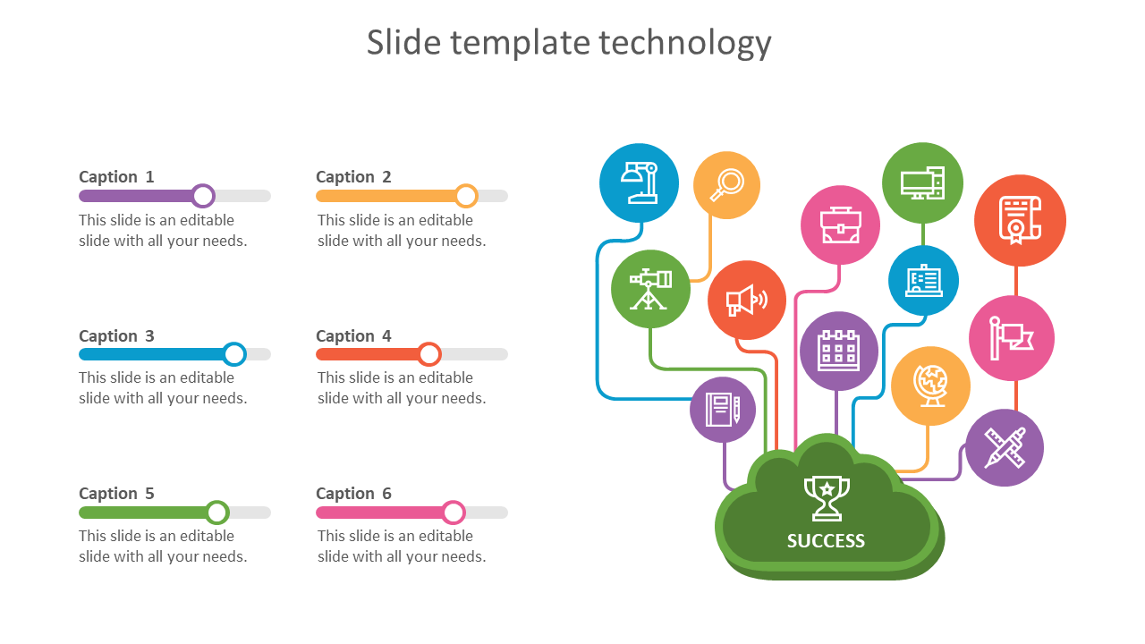 Slide showing a green cloud at the center, linked to various icons by colorful pathways and matching captions on the left.