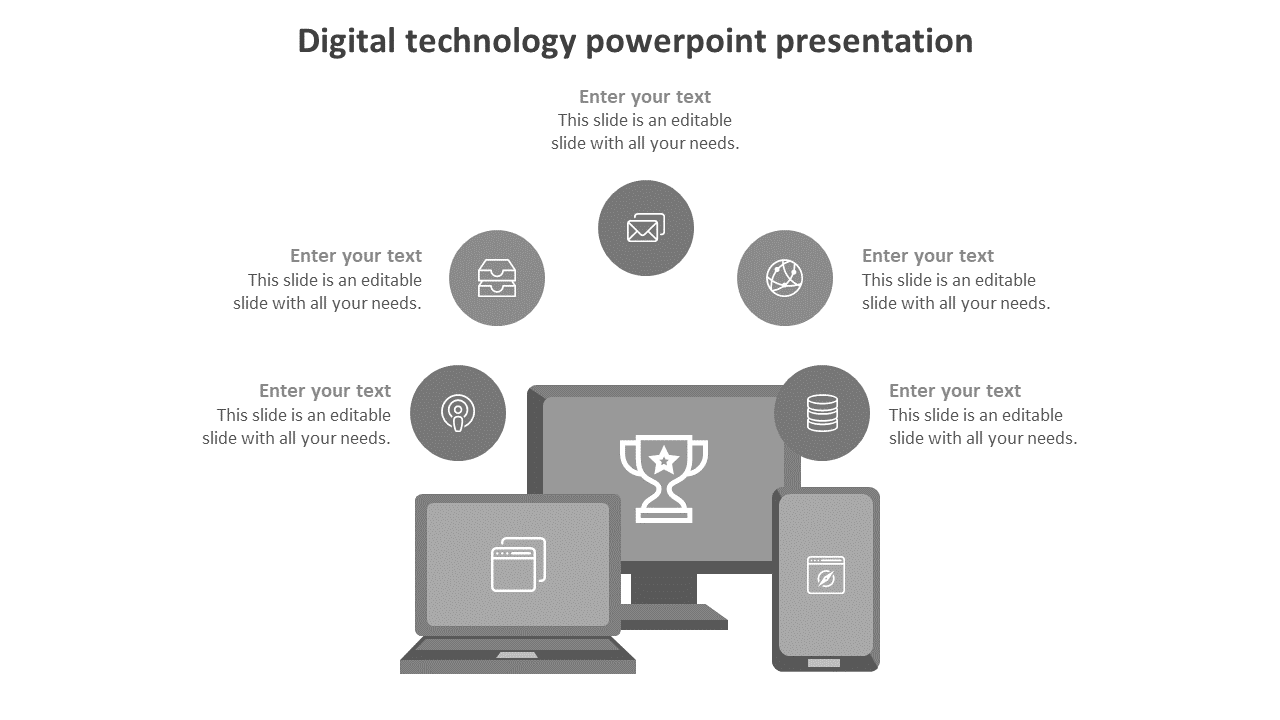 Monochrome digital technology slide with laptop, monitor, and smartphone graphics surrounded by five circular icons.