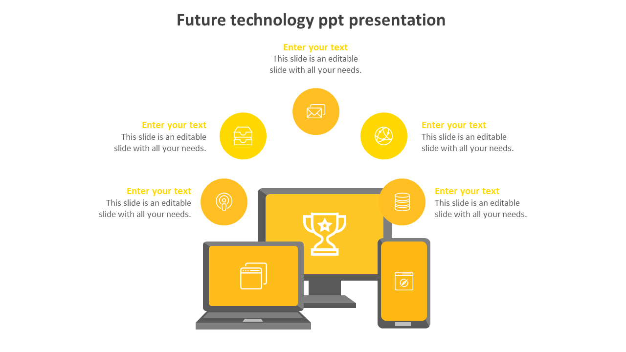 Technology devices illustration with a trophy on screen, surrounded by icons like email and cloud, each labeled with placeholder text.