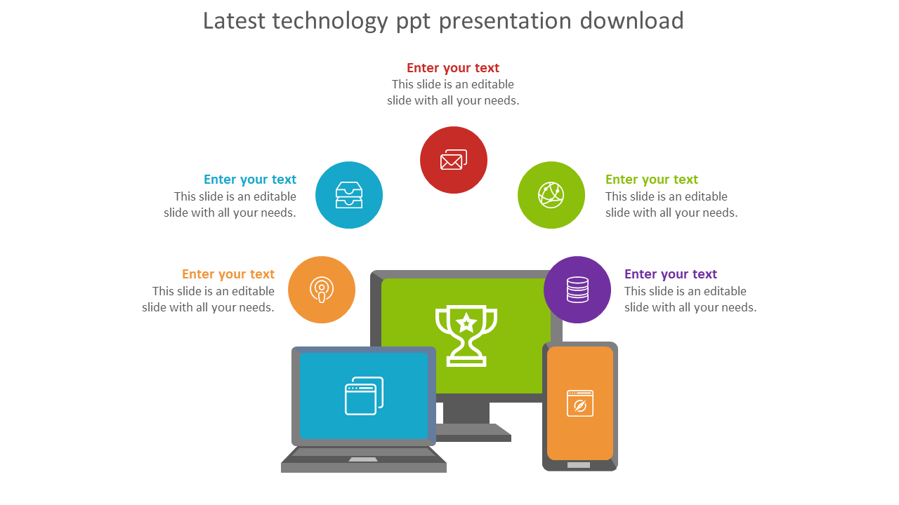 Three electronic devices with colored screen, surrounded by five colorful circles with icons and text spaces.