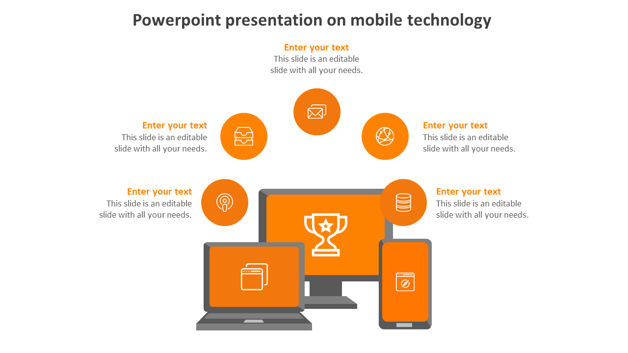 Slide on mobile technology slide featuring various devices with text sections for content and orange icons.