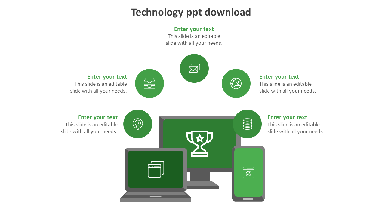 Slide featuring various technology devices laptop, desktop, and phone, with five green icons and space for text above.