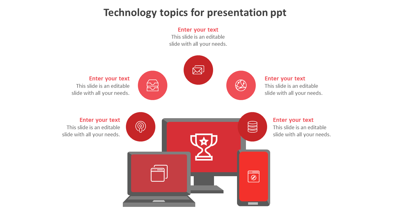 Slide with red technology topic icons and devices including a laptop, tablet, and smartphone each with a caption area.