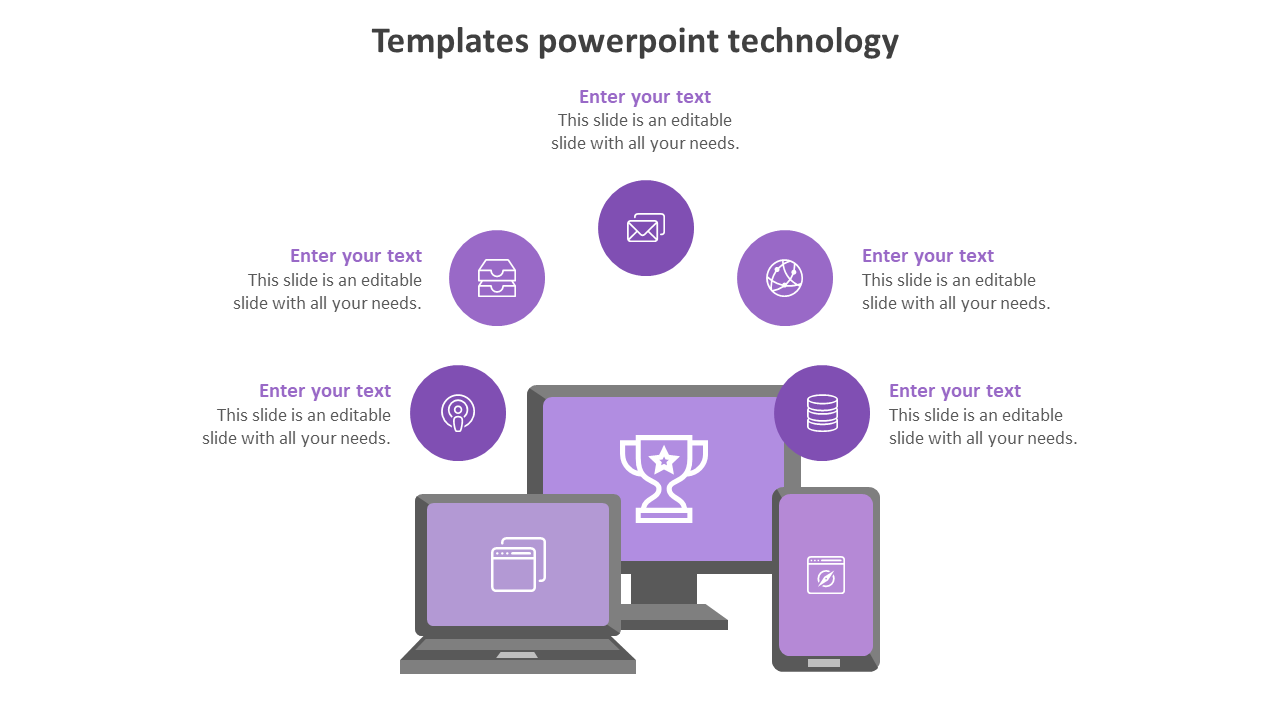 Technology PPT slide featuring interconnected purple icons and digital devices, including a laptop, desktop, and smartphone.