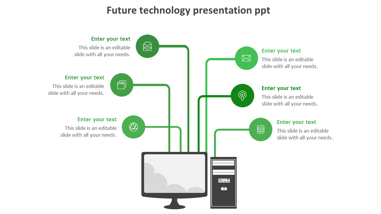 Future technology presentation slide showing a computer connected to various icons representing digital services with text.