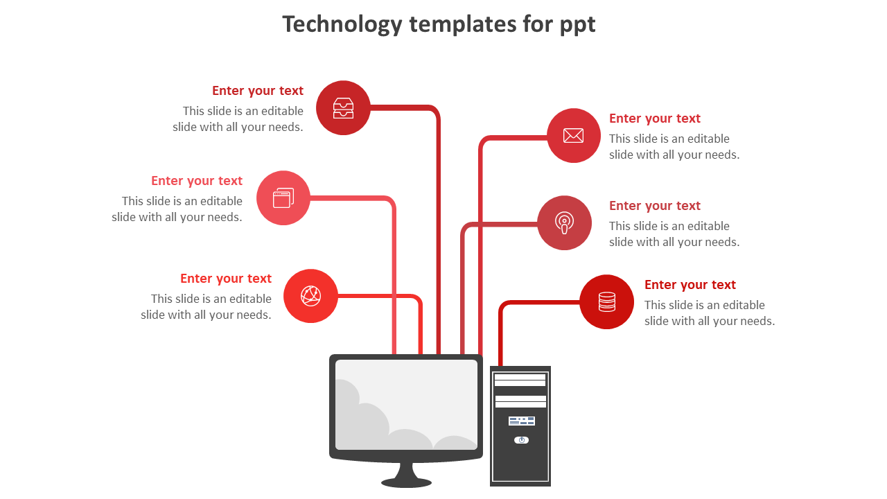 Central computer setup with red circular icons depicting technology functions, linked through lines on a white background.