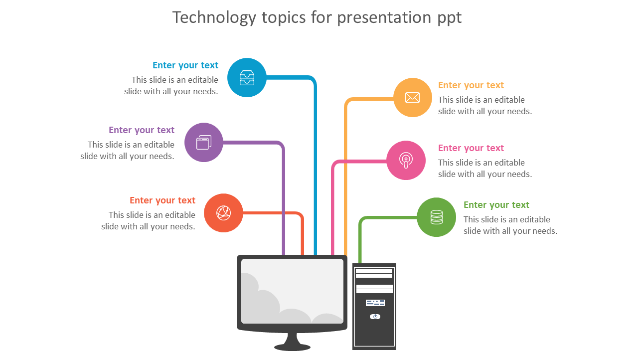 Technology-themed slide with colorful icons and text placeholders connected to a desktop computer graphic.