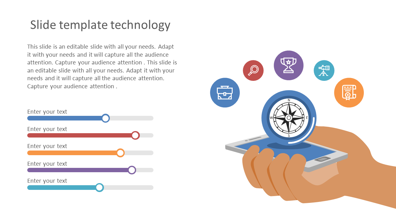 A hand holds a smartphone with a 3D compass surrounded by floating colorful icons and progress bars on the left.