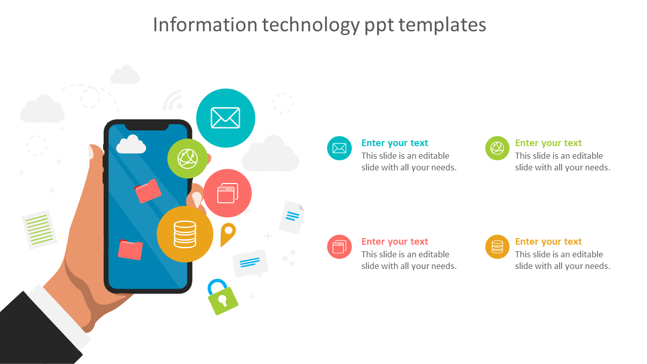 Information technology template featuring a phone with related text boxes and icons aligned on the right.