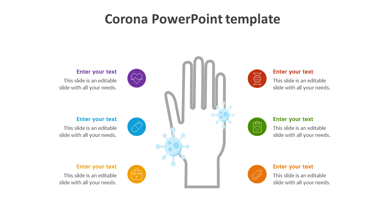 Corona PowerPoint template featuring a hand with colorful icons and text areas on a white backdrop.