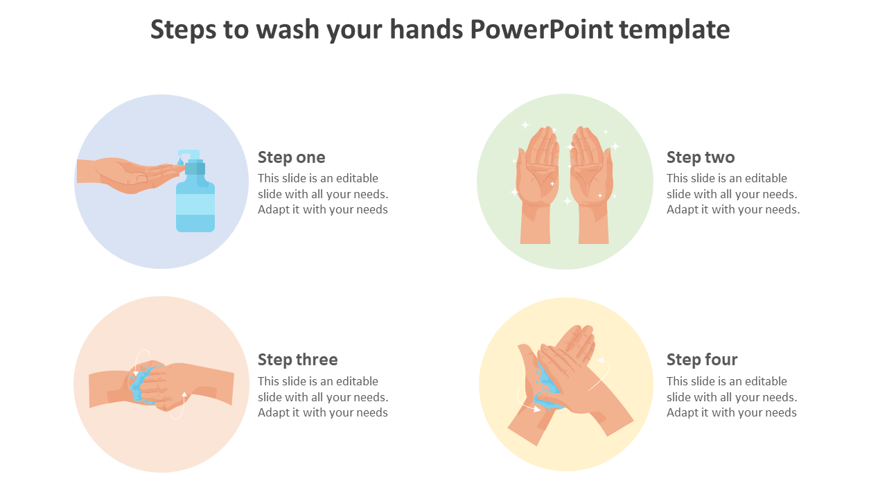 Steps to wash your hands slide with four illustrations: apply soap, scrub, rinse, and dry in colored circles.