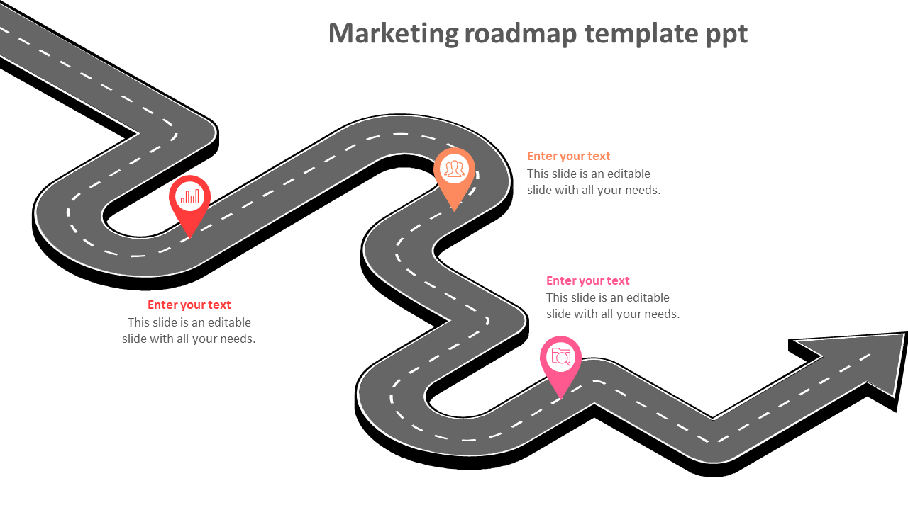 Marketing roadmap with a zigzag path and milestone markers with icons and placeholder text areas.