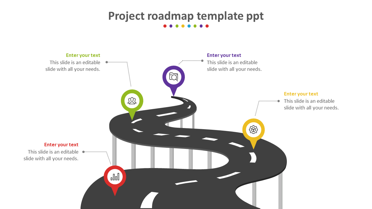 Project roadmap slide with colorful icons representing different milestones along the curved path with text captions.