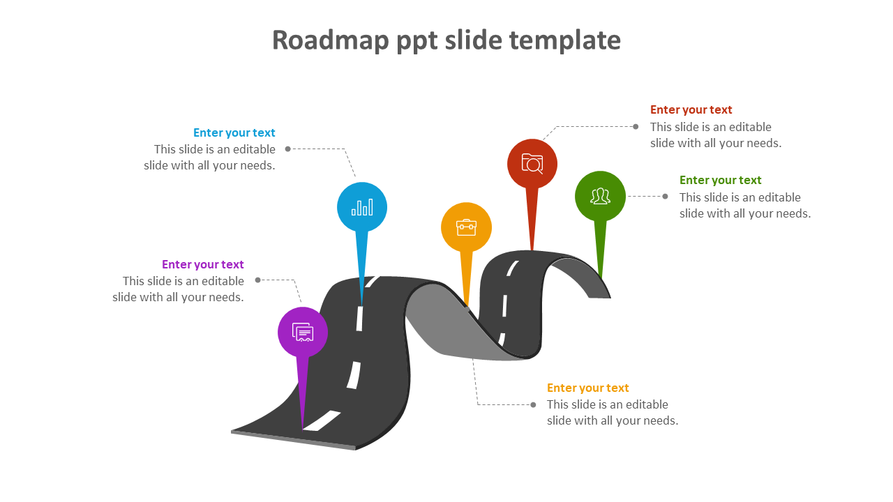 Roadmap slide showing a curving road with five labeled milestones in different colors each with caption areas.