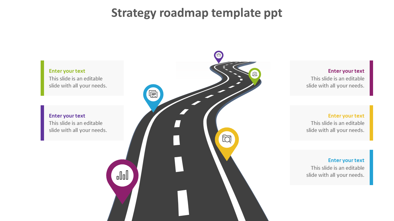 Winding road in the center with five colorful markers along the path, featuring text boxes on both sides.