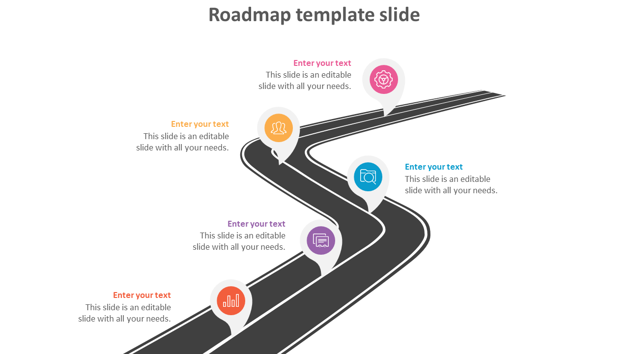 Roadmap PowerPoint template featuring a winding path with location markers, icons, and text boxes for milestones.