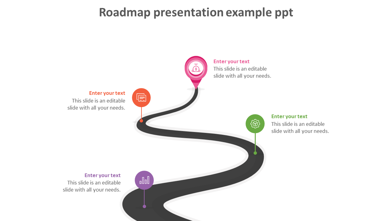 A roadmap PowerPoint template showing a path with icons for various steps like education, consultation, and analysis.