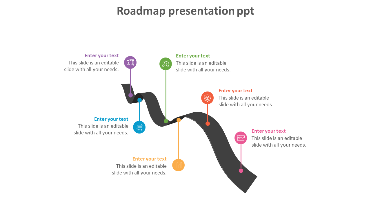 Roadmap presentation slide with a curved path and colorful icons marking milestones connected to text sections.