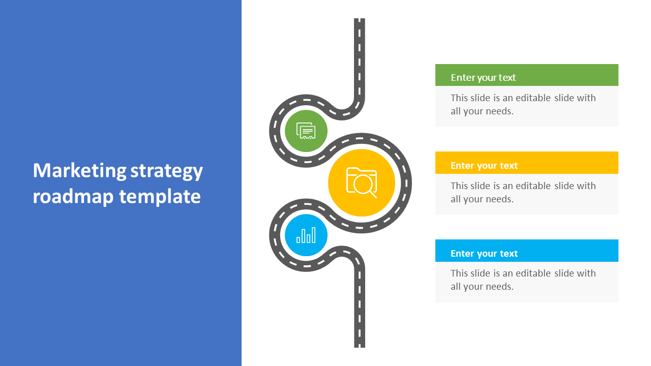 Marketing strategy roadmap PPT template with colorful icons and placeholder text on a split backdrop.