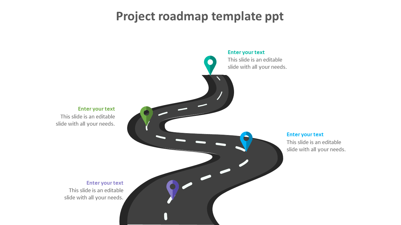 Project roadmap template with four milestones represented by location pins along a curved road.