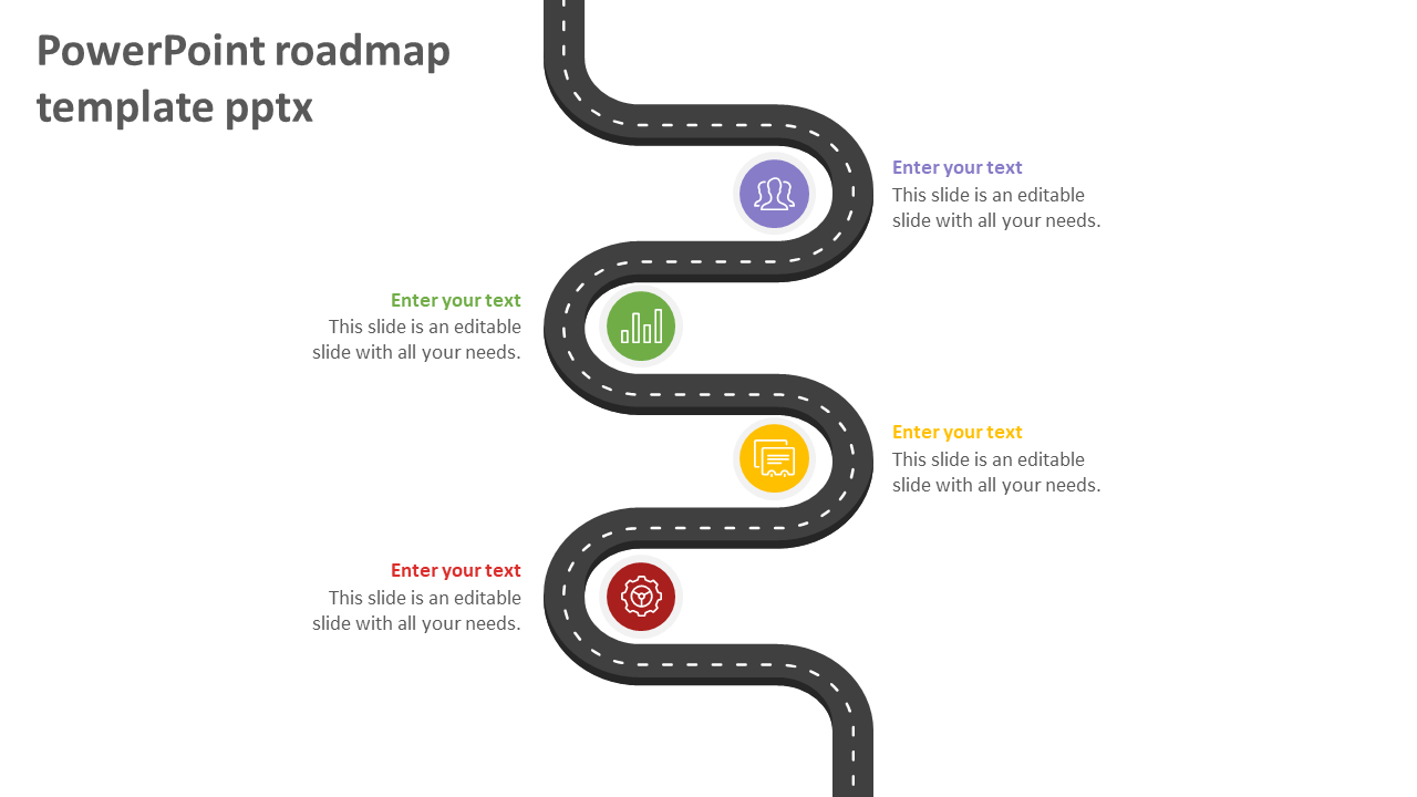 Curved road representing a roadmap, featuring four milestone markers in different colors, with an icon and caption areas.