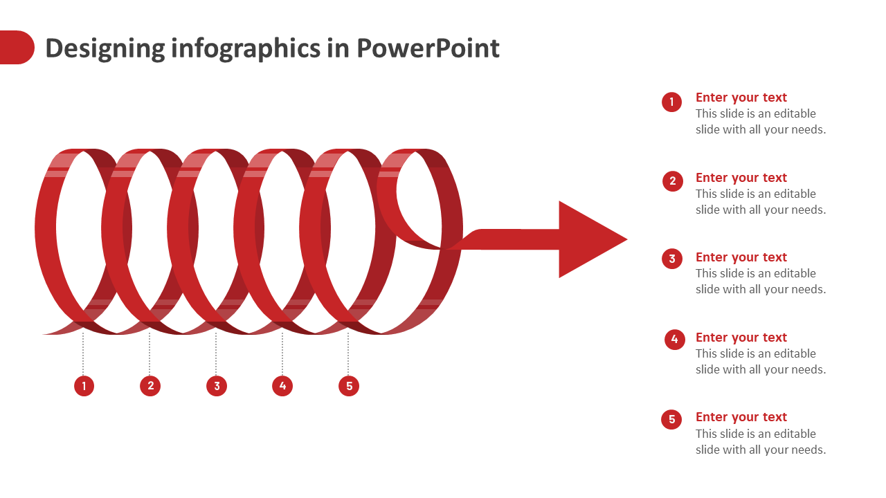 PowerPoint slide illustrating the process of designing infographics with interconnected red loops and numbered steps.