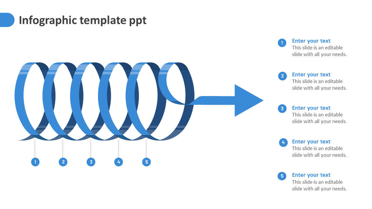 Blue coiled ribbon infographic slide ending in an arrow, with five numbered sections and text placeholders.