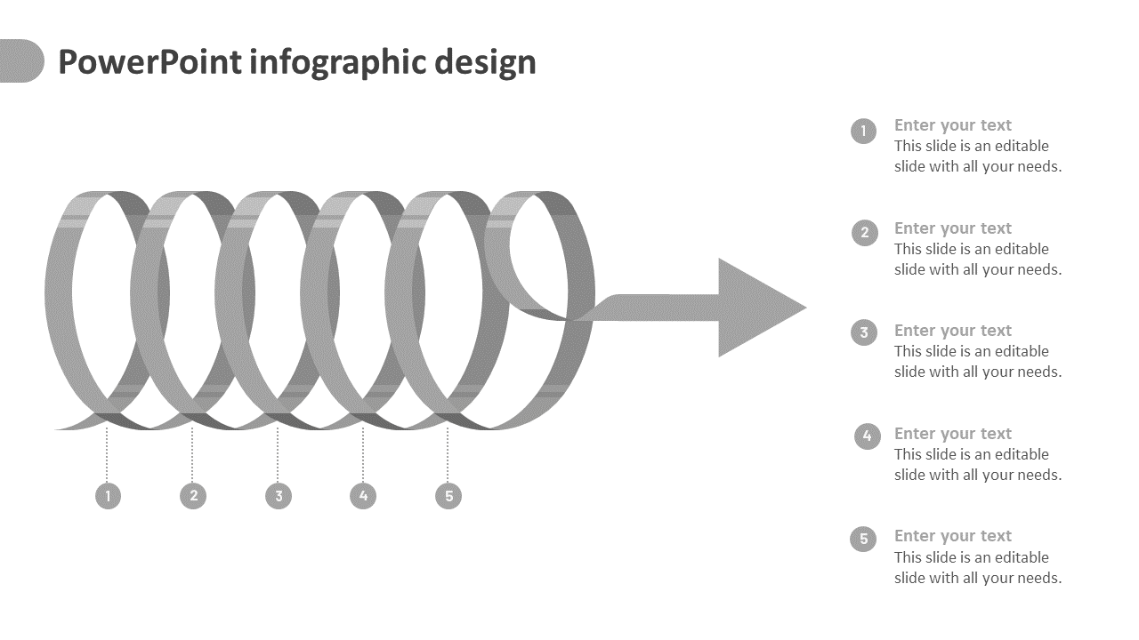 Slide with a gray spiral ribbon forming a right facing arrow, featuring five numbered circles, and text placeholders.