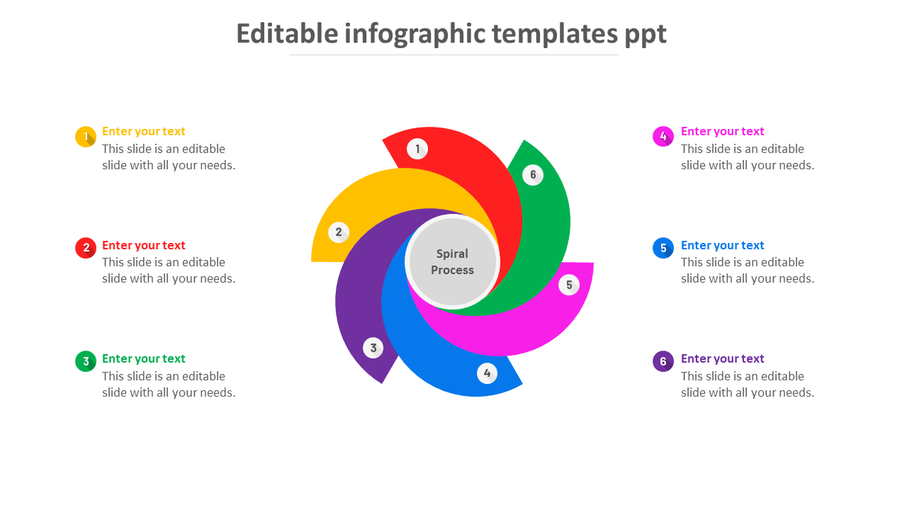 Spiral process infographic with six numbered segments in various colors, each linked to placeholder text area.