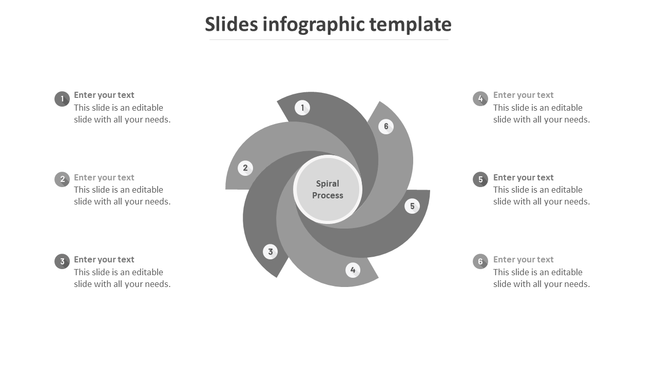 Google Slides infographic PPT template featuring a grey spiral process with six numbered steps with placeholder text.