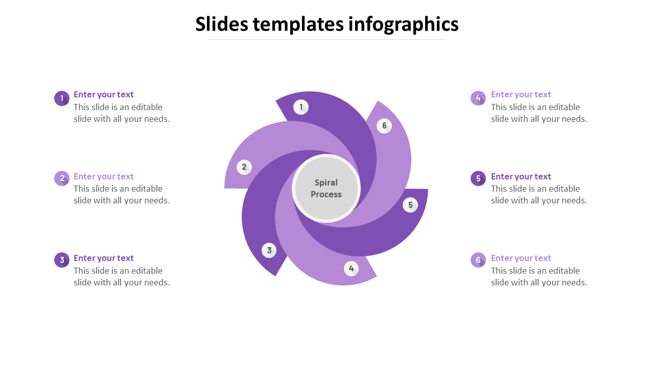 A purple spiral infographic with six segments, each numbered and arranged in a circular pattern around a central label.