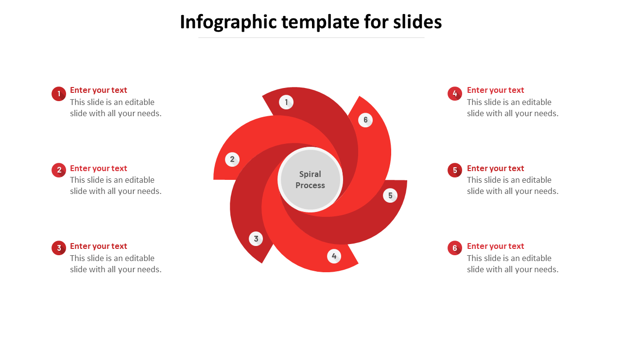 Red swirling process diagram with six steps in a circular format, each numbered and connected to text on the sides.