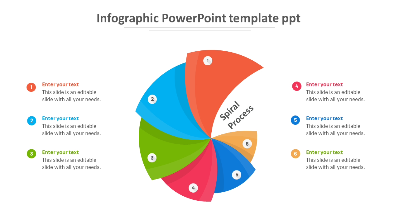 Infographic PowerPoint template with a colorful spiral process and text sections on a white backdrop.