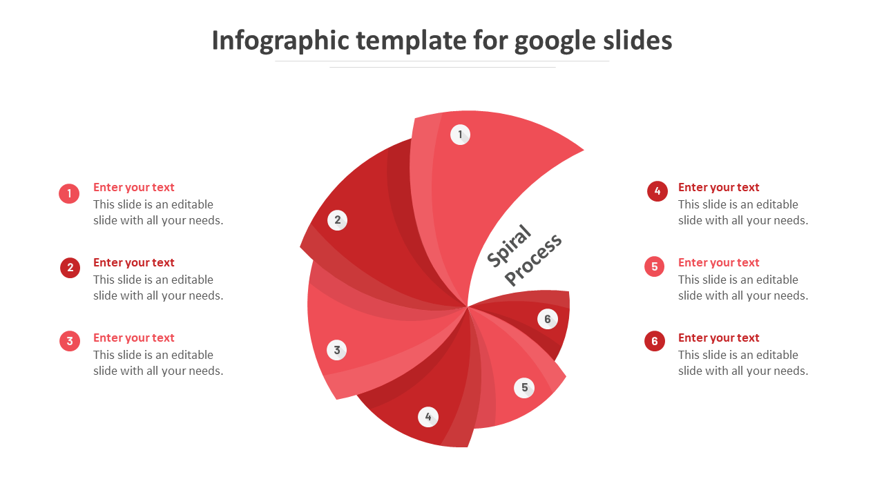 Red spiral infographic illustrating a six step process, with numbered sections and text placeholders on both sides.