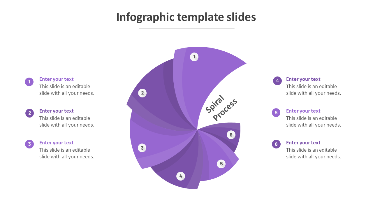 Google Slides infographic template showing a purple spiral process with six steps and placeholder text on a white backdrop.