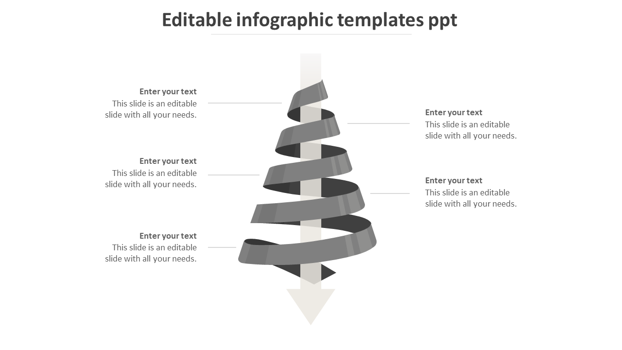 Slide featuring a gray 3D spiral ribbon descending along an arrow, with five text boxes aligned on both sides.