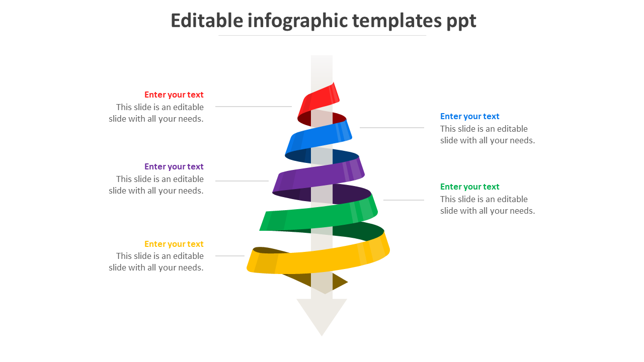 Infographic PowerPoint template featuring a spiral with five colorful segments for different steps with placeholder text.